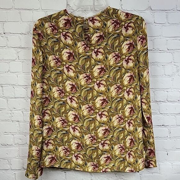 Philosophy Blouse Gold Floral Fringe Crewneck Long Sleeve Side Slit Boho Top - Picture 12 of 13